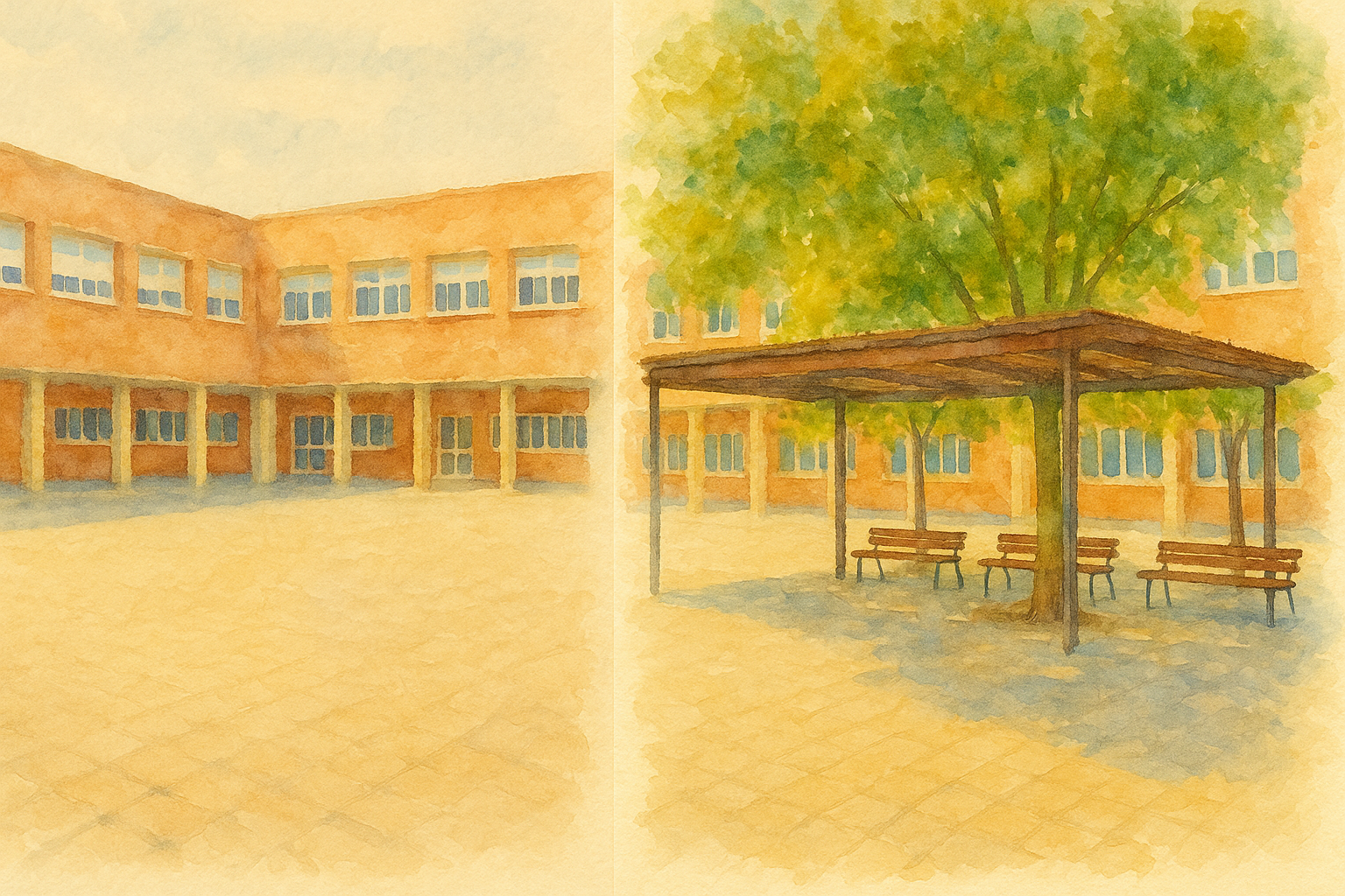 Nature-based schoolyard redesign with trees, seating, permeable surfaces and biodiversity