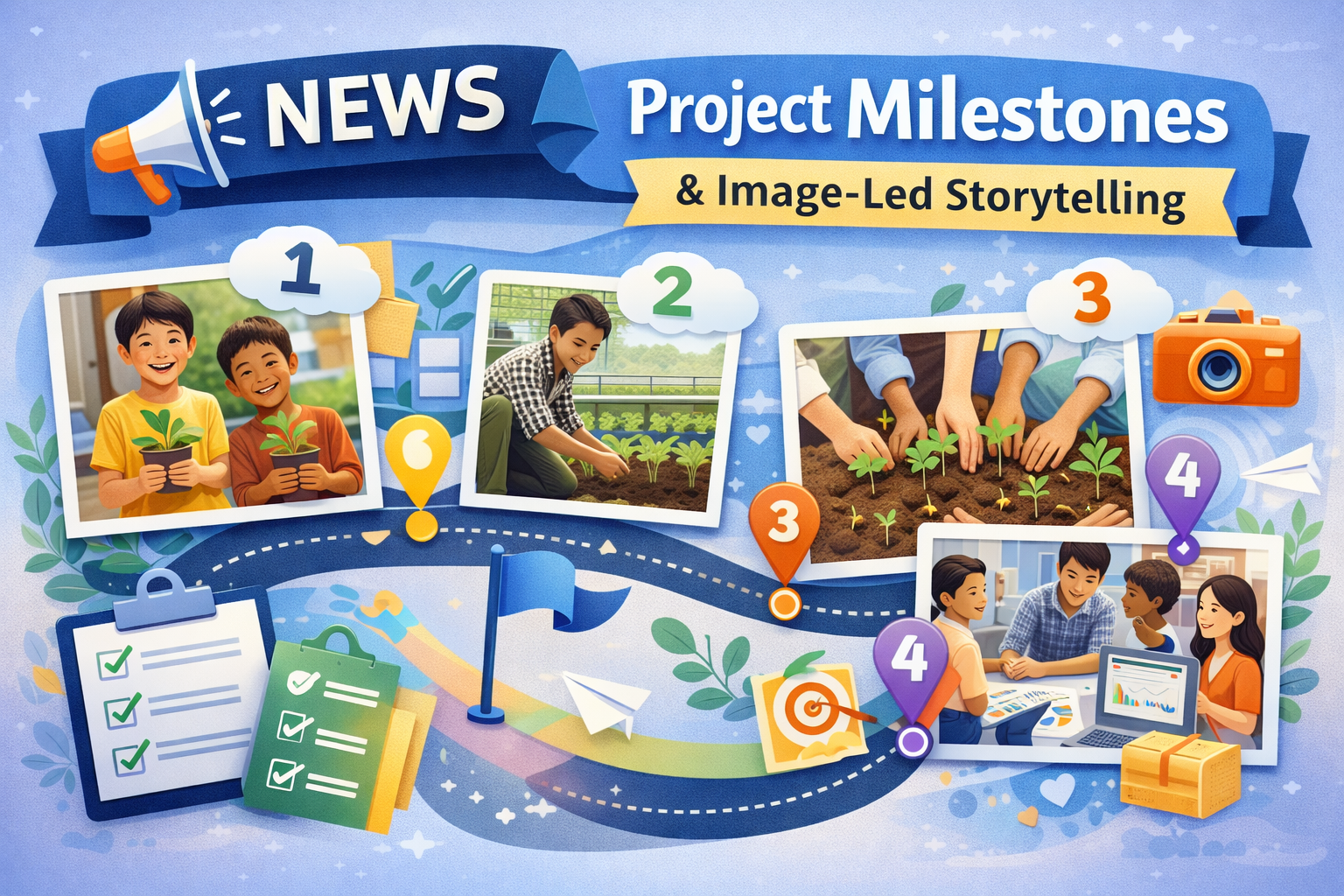 News banner with project milestones and image-led storytelling